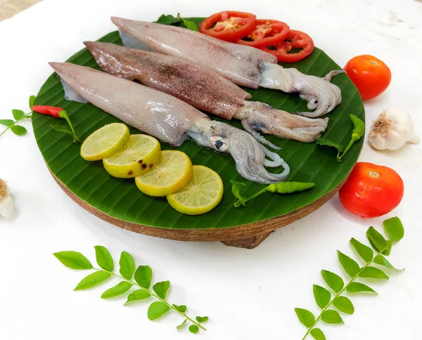 Nahaufnahme Von Frischen Rohen Loligo Tintenfischen Loligo Duvauceli Mit Curryblättern — Stockfoto