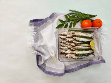 Cam bir kapta domates ve köri yapraklarıyla süslenmiş taze Hint yağı sardalyası. Beyaz arka plan, Seçici Odaklanma.