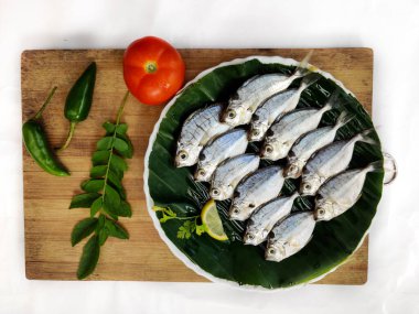 Taze midilli balığının ahşap bir defter üzerindeki sebze ve otlarla süslenmiş yakın görüntüsü, seçici odaklanma. Beyaz arka plan.