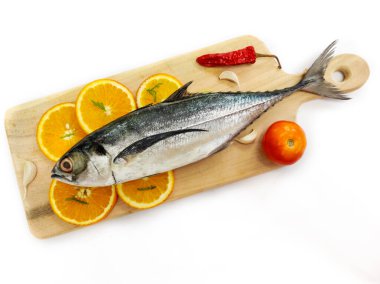 Finletted uskumru balığı ya da bitkilerle süslenmiş Torpido Scad Fish 'i yakından izleyin. Beyaz arka plan, seçici odak noktası.