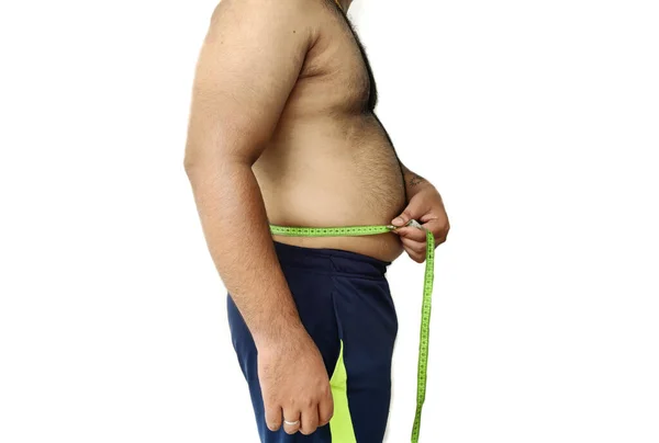 Sobre Peso Homem Gordo Que Mede Barriga Com Fita Medição — Fotografia de Stock