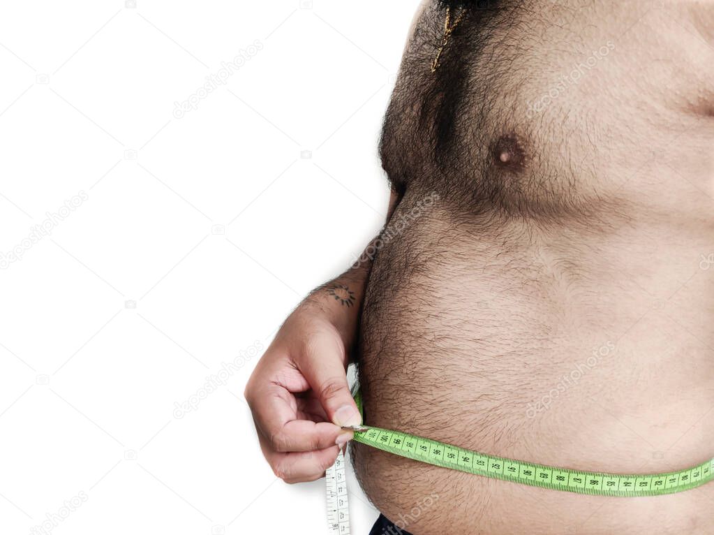 Over Weight fat man measuring belly with measuring tape.White Background.Selective focus.