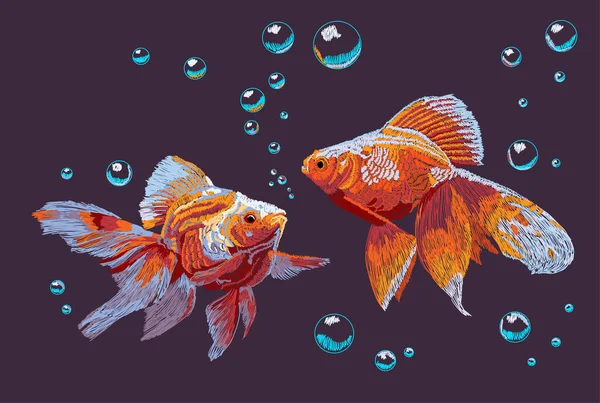 Imitation Von Stickereien Chinesischer Goldfische Und Wasserblasen — Stockvektor