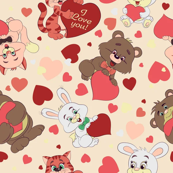 Dibujos Animados Gatitos Rayas Alegres Osos Conejos Con Corazones Patrón — Vector de stock