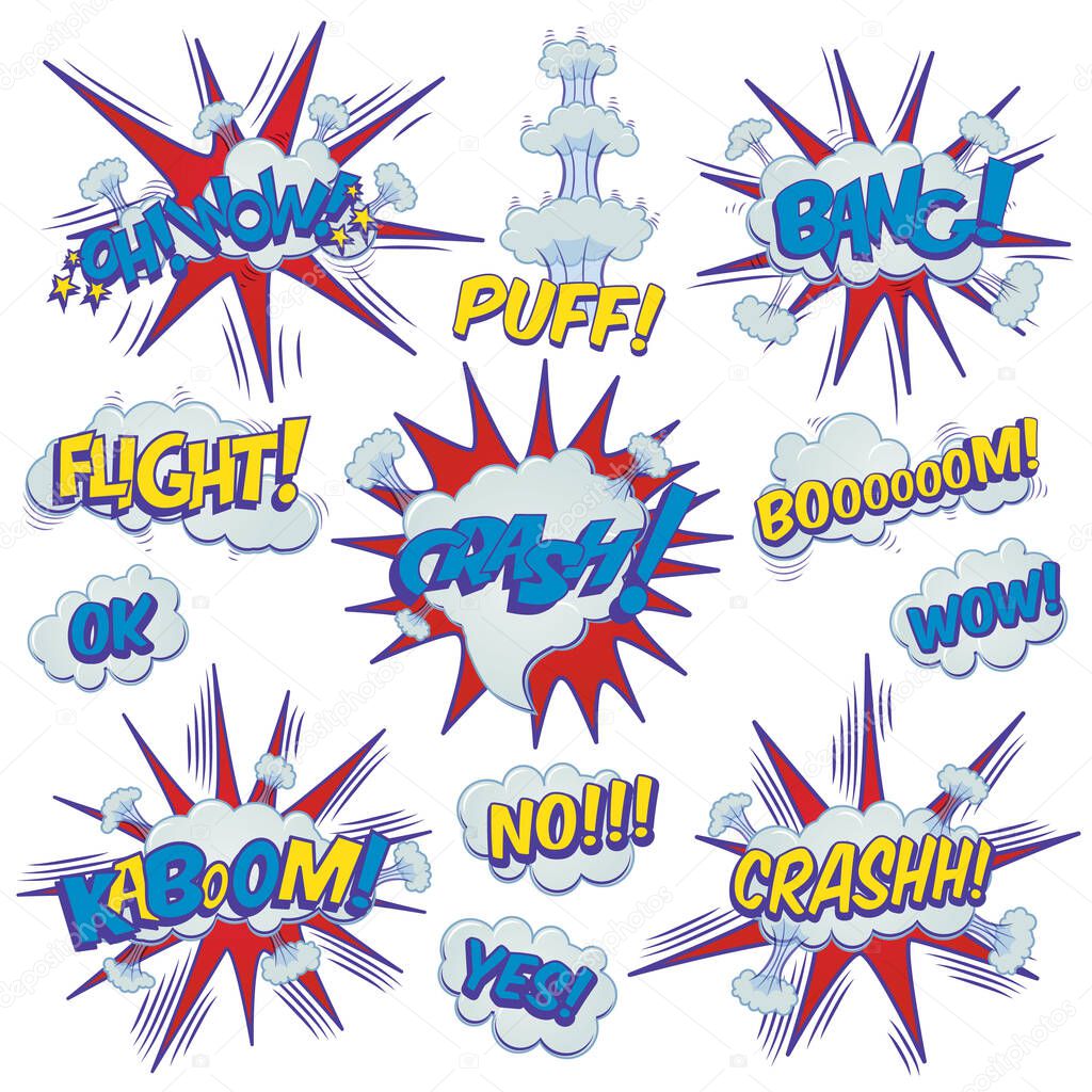  Funny cartoon superhero elements:  crash,  boom,  pow, bang, wow, flight, kaboom, yes, no.