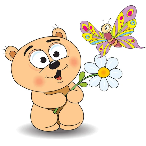 Niedlicher Bär Mit Blume Und Schmetterling — Stockvektor