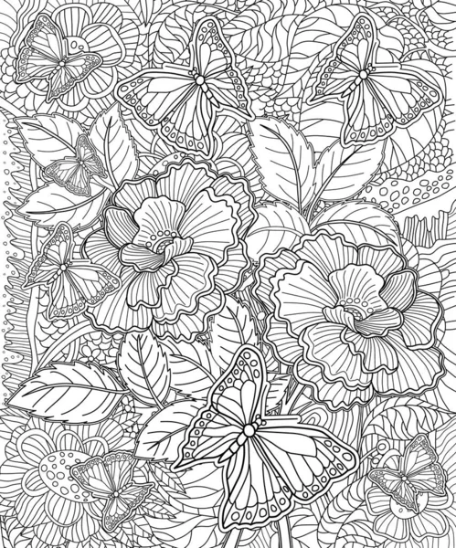 Coloriage Antistress Nature Motif Floral Avec Des Papillons — Image vectorielle