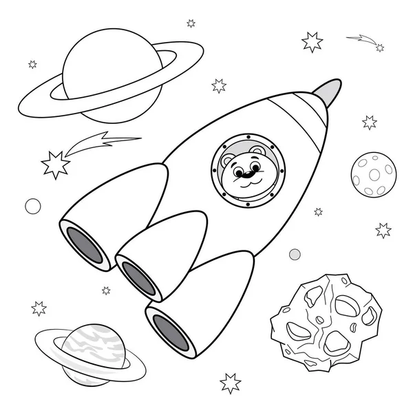 Astronaut Bear Flying Rocket Coloring Book — Stock Vector