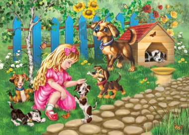 küçük kız anne köpek yanında kukla değil uzakta çalış