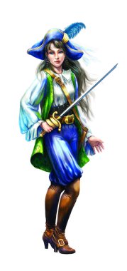 Karakter. Kız-korsan üzerinde beyaz bir adam elinde bir kılıç ile