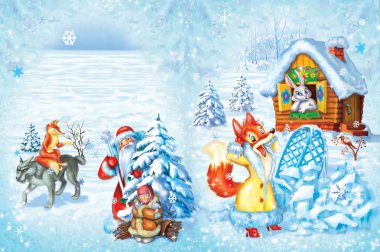 illustration to the fairy-tales with a wolf, fox, hare and Santa clipart