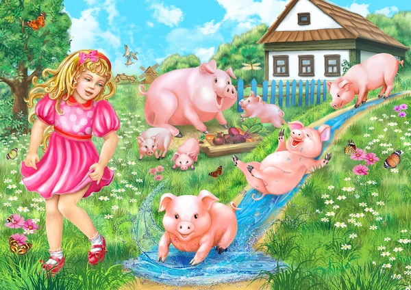 Little girl looks at playing piglets on a background a rural hou — Stock Photo, Image