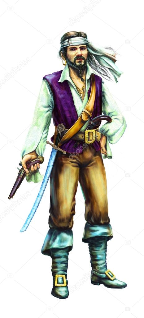 Character. Man-pirate with a saber in hand on a white background