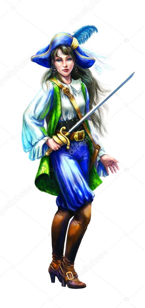 Character. Girl-pirate with a saber in hand on a white backgroun