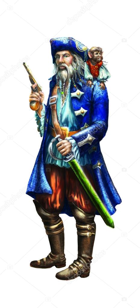 Character. Old man-pirate with a saber in hand on a white backgr