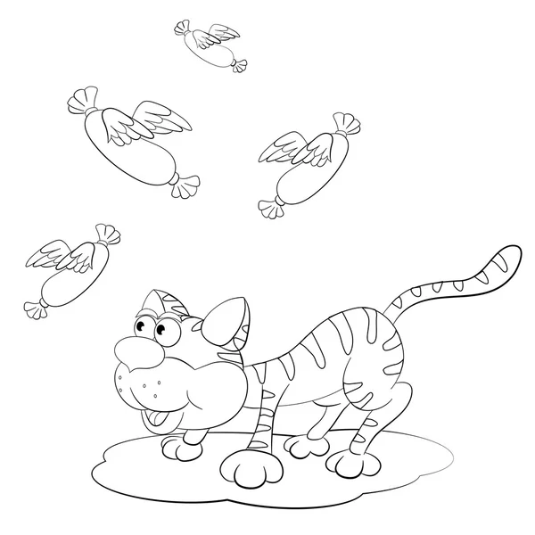 Gato de dibujos animados con salchichas — Vector de stock