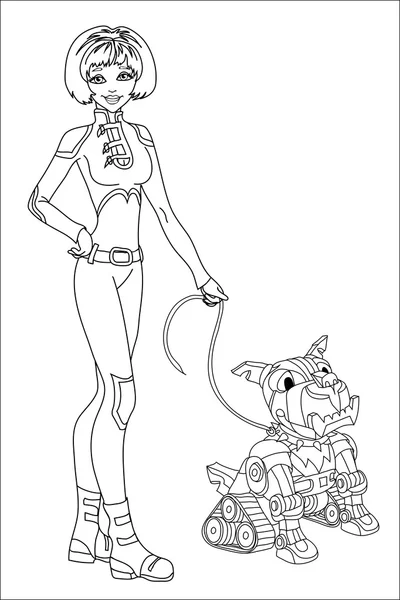 Gadis Sketch dengan robot-anjing - Stok Vektor