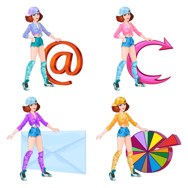 Cartoon girls with symbols — Stock Vector