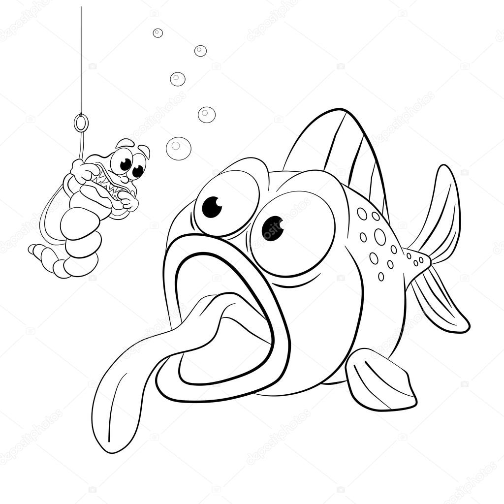 Vite senza fine impalato su un gancio durante la pesca cercando di spaventare il ghigno di denti del pesce — Vettoriali di vitasunny