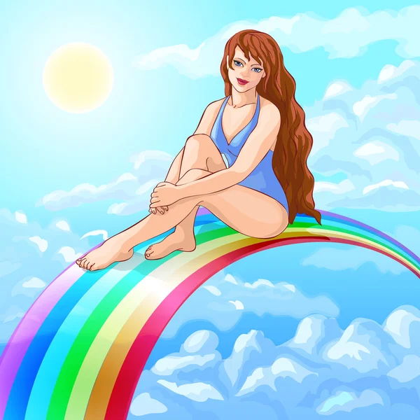 Girl sitting on rainbow — Stock Vector