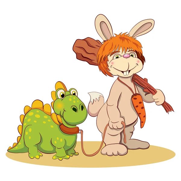 Cartoon prehistoric hare with dinosaur — Stock Vector