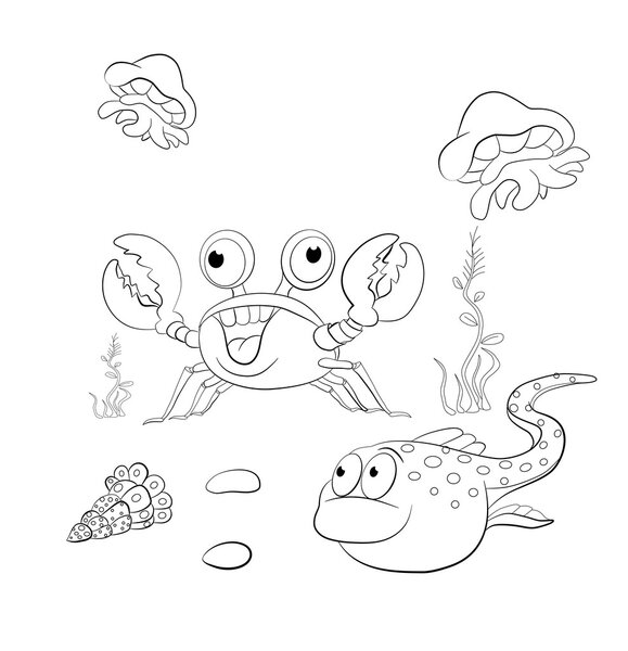 Cartoon fish, crab, shell, jellyfish