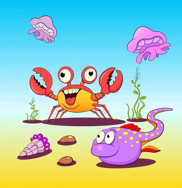 Cartoon fish, crabe, coquille, méduses — Image vectorielle