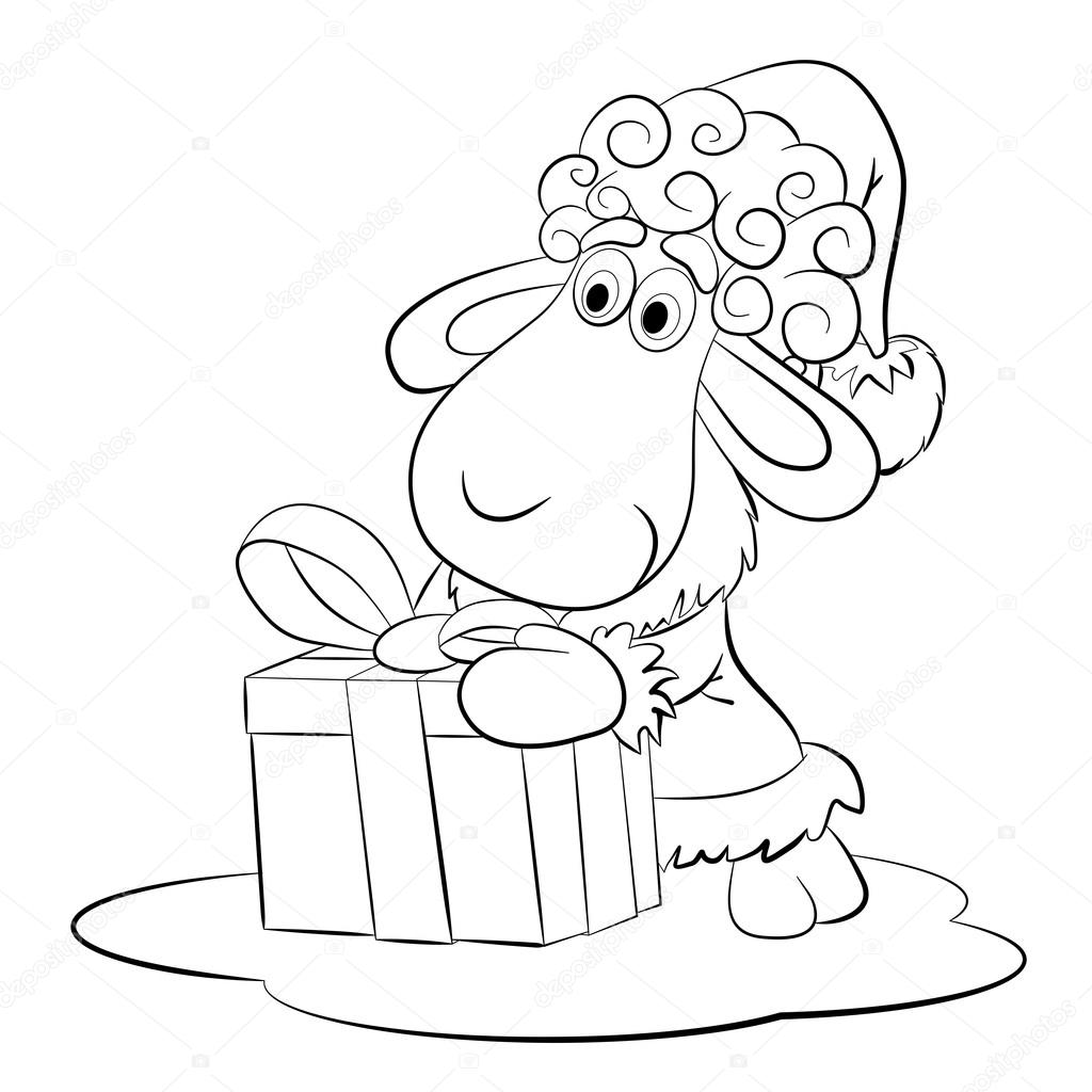 Pecora divertente del fumetto ha ricevuto un regalo di Natale Cartolina di Natale libro da colorare — Vettoriali di vitasunny Trova immagini simili