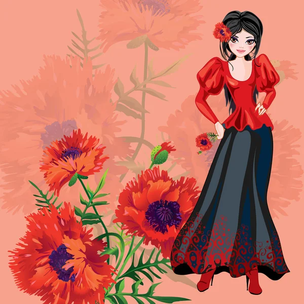 Gadis Spanyol dengan bunga popi - Stok Vektor