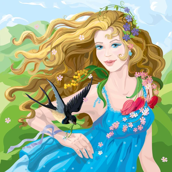 Chica-primavera con flores de primavera — Vector de stock