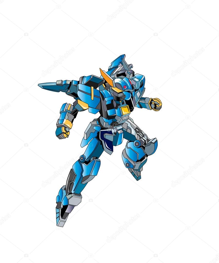 Flying metallically blue robot