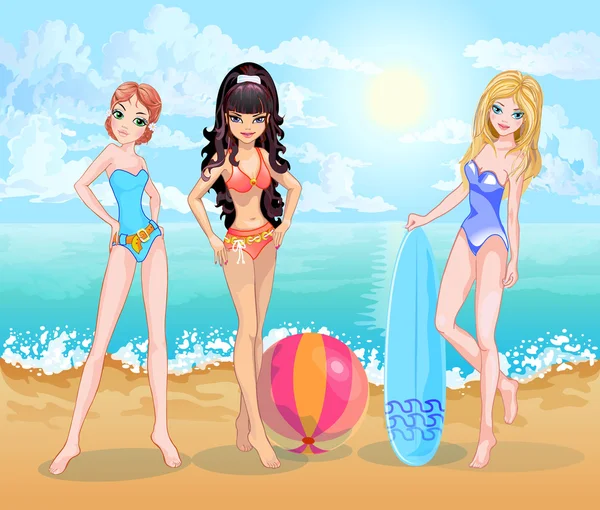 Girls on beach of tropical sea — Stock Vector