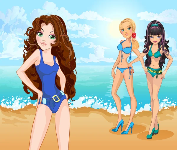 Girls on beach of tropical sea — Stock Vector