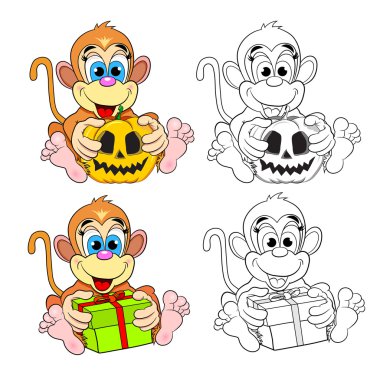 Funny monkeys with Halloween pumpkins clipart