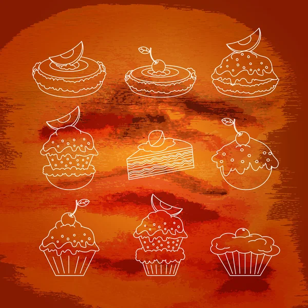Icônes de contour de différents gâteaux — Image vectorielle