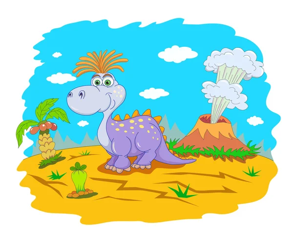 Funny dinosaur in prehistoric landscape — Stock Vector