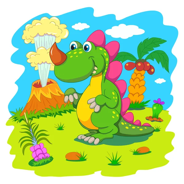 Funny dinosaur in prehistoric landscape — Stock Vector