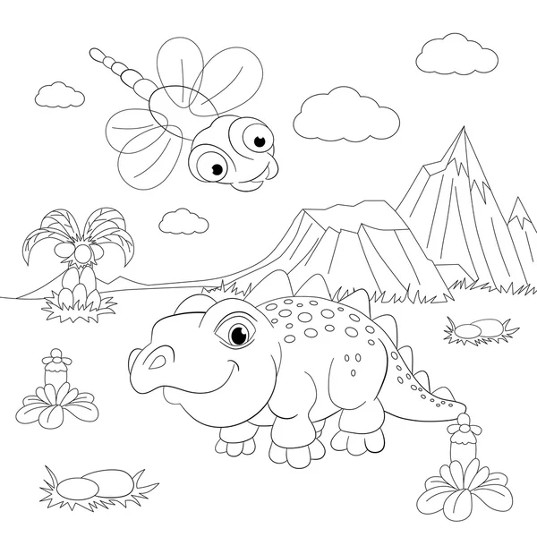 Funny dinosaur in prehistoric landscape. — Stock Vector