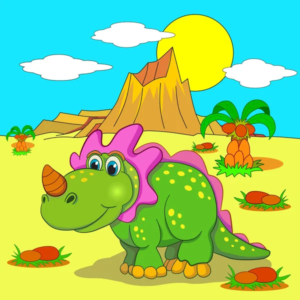 Funny dinosaur in prehistoric landscape — Stock Vector