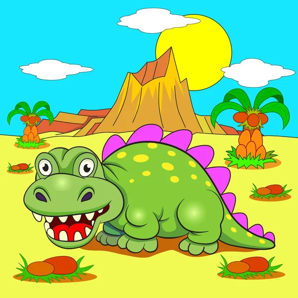 Funny dinosaur in prehistoric landscape — Stock Vector