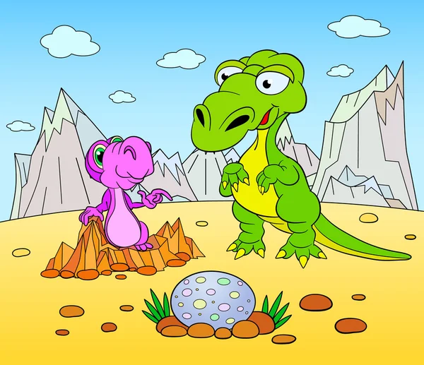 Dinosaures drôles dans le paysage préhistorique — Image vectorielle