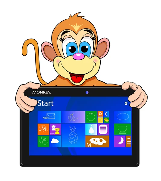 Lustiger Affe mit Tablet-Computer — Stockvektor