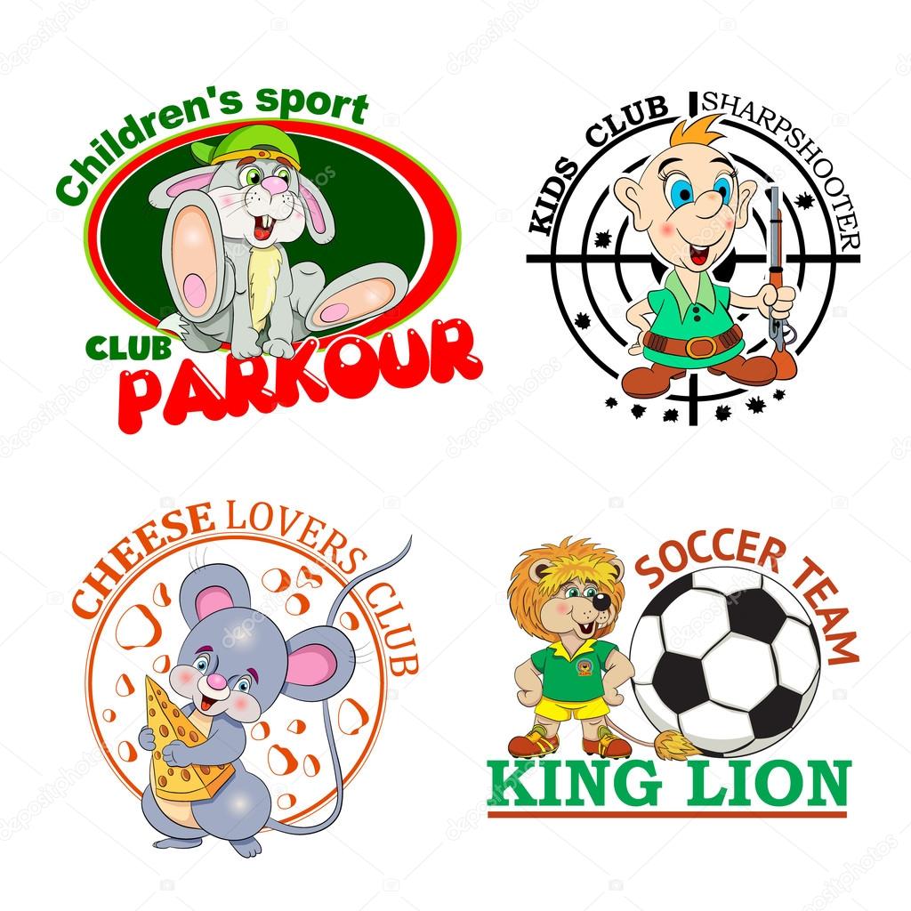 Set of four logos for children clubs with cartoon characters on white background.