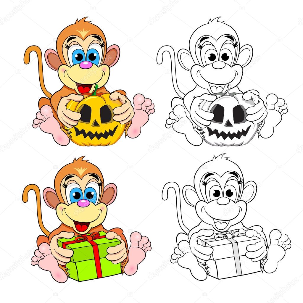 Funny monkeys with Halloween pumpkins