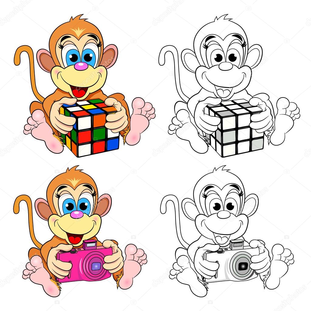Scimmie divertenti giocattoli con un cubi colorati e una telecamere Foto a colori e un libro da colorare — Vettoriali di vitasunny