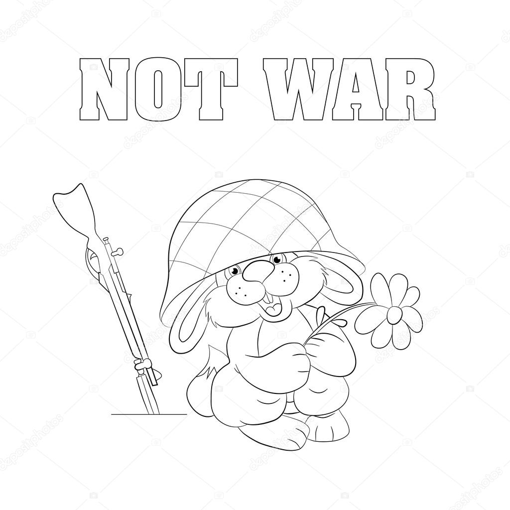 Manifesto non guerra con piccole Lepri divertenti nel casco militare che tiene fiore di camomilla e sorridente vicino il fucile sicuro di lepre Libro da