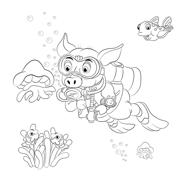 Mergulhador de porco engraçado desenhos animados — Vetor de Stock