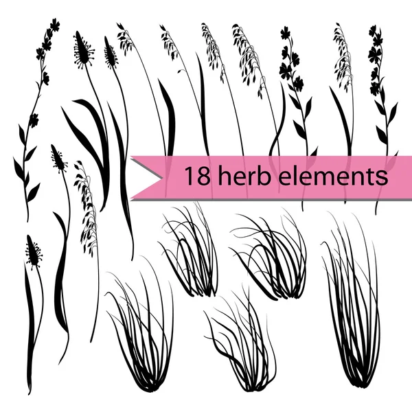Силуэты травы и полевые цветы — стоковый вектор