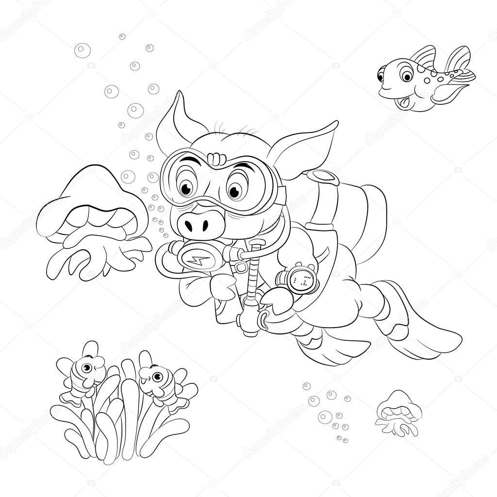 Funny cartoon pig diver