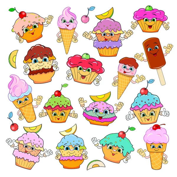 Pasteles de dibujos animados y helado — Vector de stock